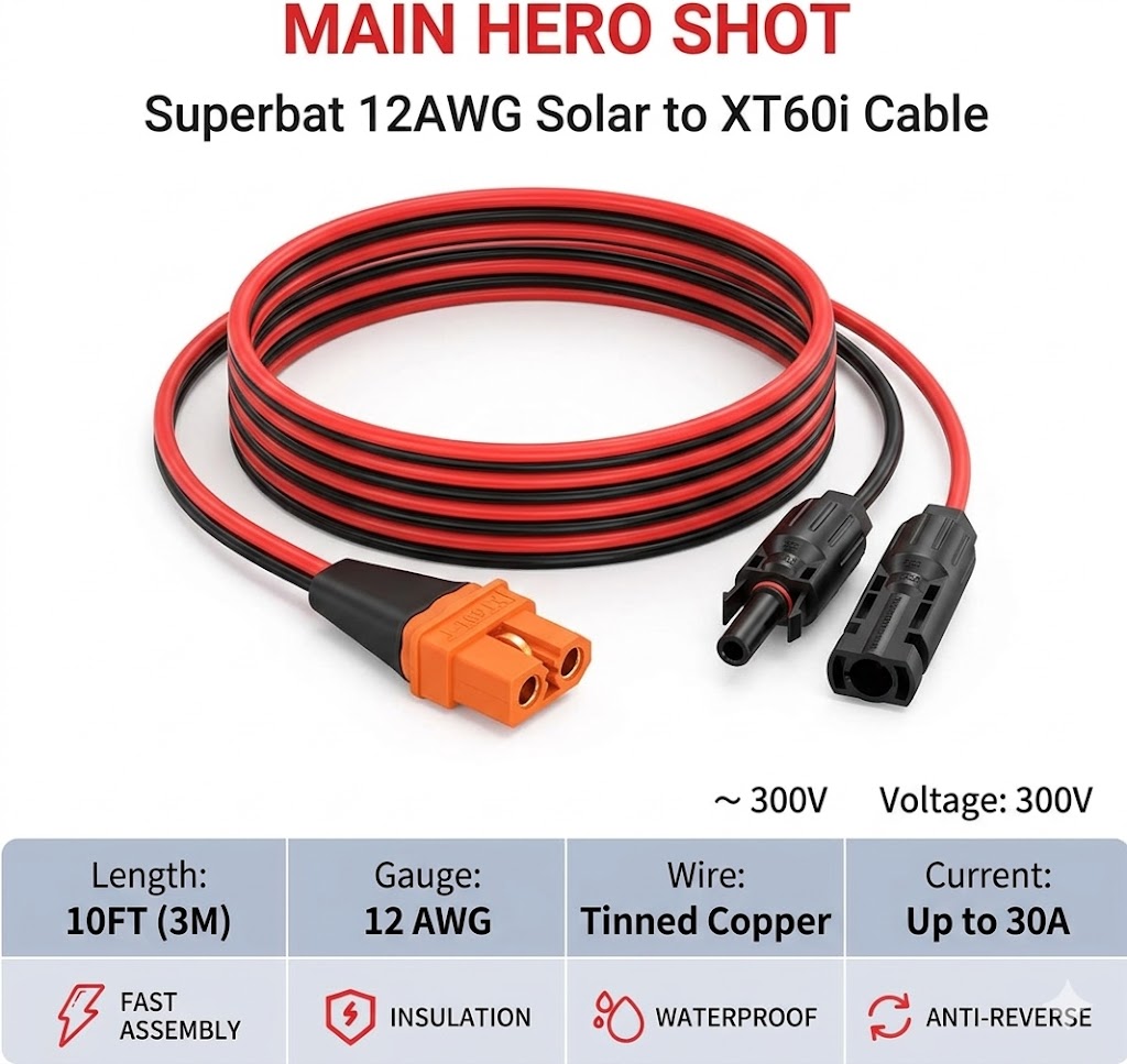 Solar Cable Mc4 Connector - Superbat 12AWG 10FT Solar to XT60i